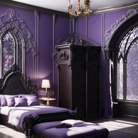 Complex Realistically Detailed Purple Gothic Bedroom With Purple Walls