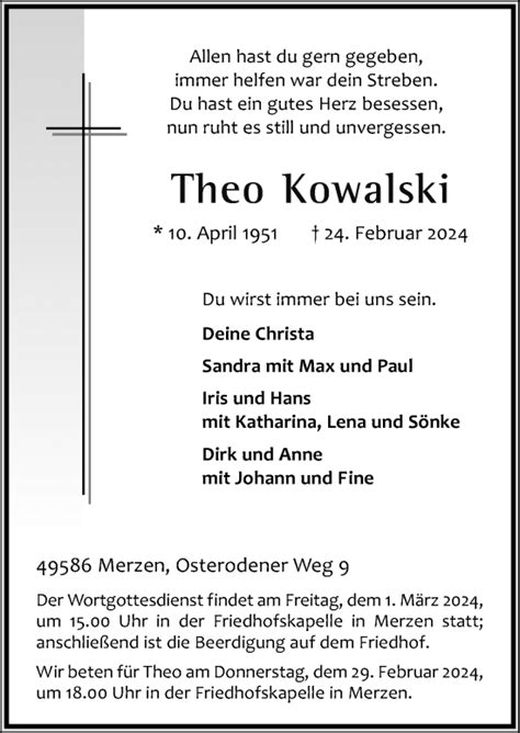 Traueranzeigen Von Theo Kowalski Noz Trauerportal