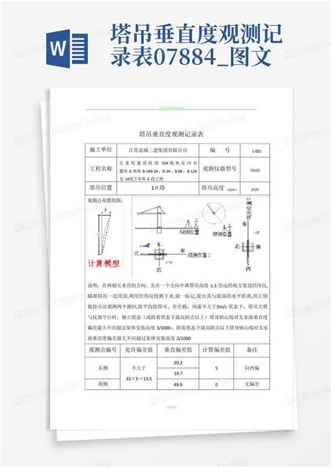 塔吊垂直度观测记录表07884图文word模板下载编号lvgnykkm熊猫办公