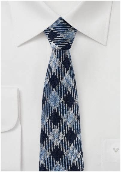 Trendy Autumn Plaid Skinny Tie In Blues Mens