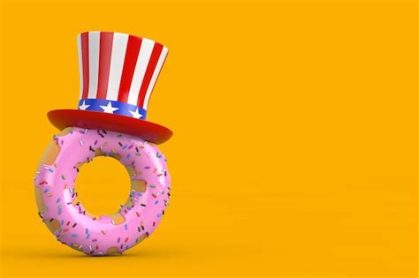 Rosquinha Vitrificada Rosa De Morango Grande Com Renderização 3d De Chapéu Americano Do Tio Sam