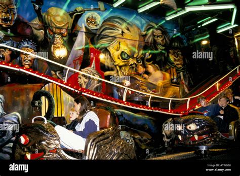 SOUTHAM FAIR FAIRGROUND RIDE 1996. Passengers on scary ghost train ride Stock Photo - Alamy