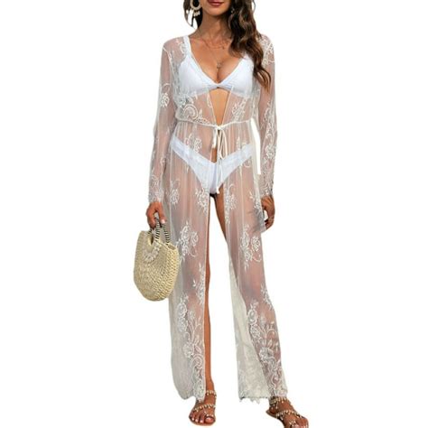 Lesimsam Women Open Front Cover Ups Beachwear Long Sleeve Lace See