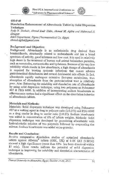 Dissolution Enhancement Of Albendazole Tablet By Solid Dispersion