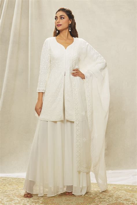 Buy White Georgette Hand Embroidered Cut Dana Sequin Jacket Sharara Set