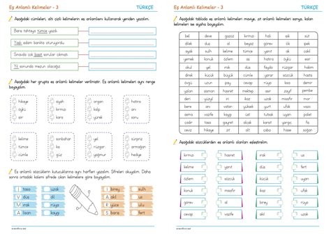 Eş Anlamlı Kelimeler 3 Sınıf 3 Etkinlik Çalışma Kağıtları