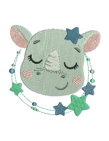 motif de broderie rhinocéros endormi avec ses étoiles