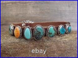 Navajo Sterling Silver Leather Turquoise Spiny Oyster Row Bracelet