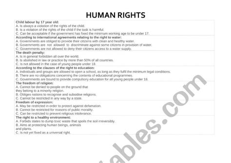 Human Rights Quiz Esl Worksheet By Beefeater