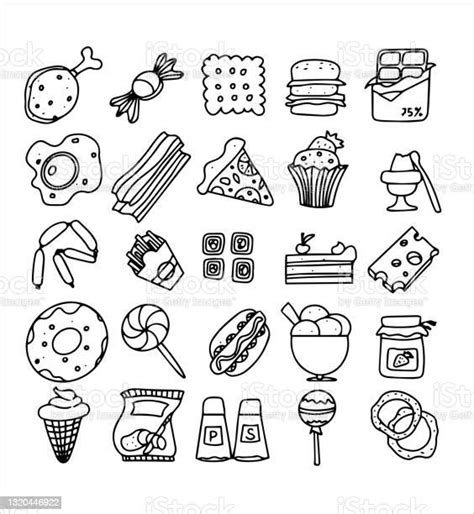 Doodle Food Set Of Fastfood Products Handdrawn Sweets Desserts Snacks