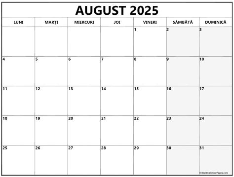 Calendarul August 2025 Imprimabil Gratuit In Romana