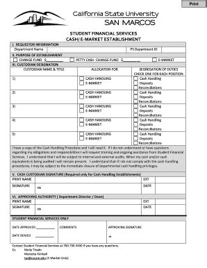 Fillable Online Csusm Cash E Market Establishment Form Csusm Fax