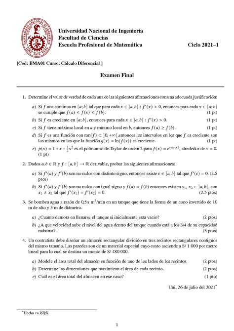 SOLUTION Examen Final Calculo I Universidad Nacional De Ingenieria Con