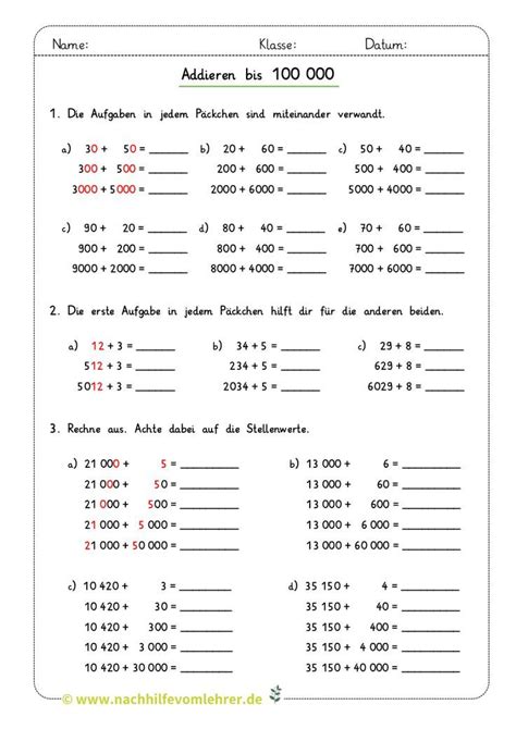 Kostenloses Arbeitsblatt Kopfrechnen Klasse Addition Bis
