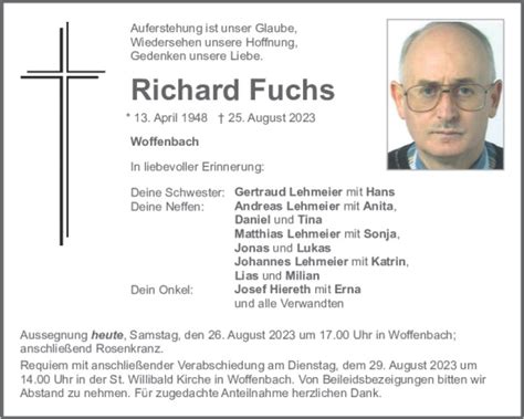 Traueranzeigen Von Richard Fuchs Mittelbayerische Trauer