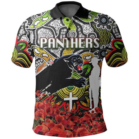 AIO Pride Panthers Polo Shirt Anzac Day Poppy Flowers With Aboriginal