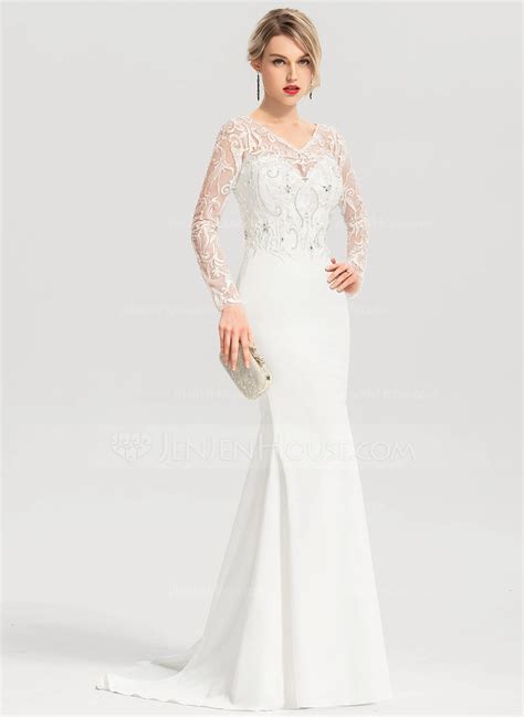 Trumpet Mermaid V Neck Sweep Train Lace Stretch Crepe Wedding Dress