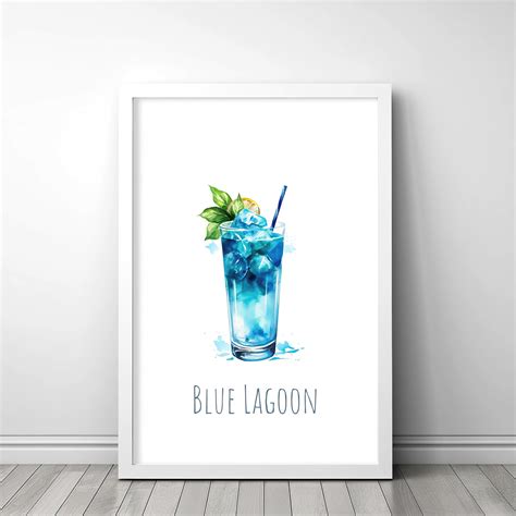 Blue Lagoon Cocktail Print Watercolor Art Minimalist Bar Etsy