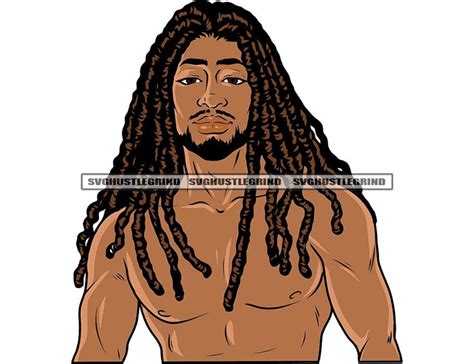 Handsome Black Man Dreads Dread Locs Beard Goatee Bare Chested Skin Strong Muscles Nude Graphic