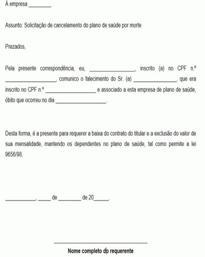 Modelo de Carta de Solicitação de Cancelamento de Plano de Saúde por