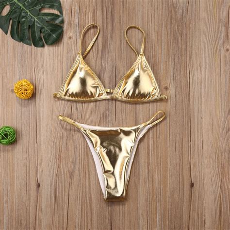 Conjunto De Bikini Con Tanga Para Mujer Ba Ador Sexy De Plata Pura Y