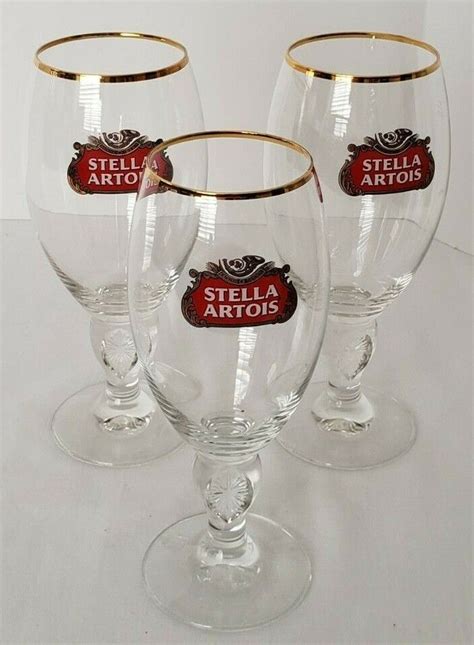 Stella Artois Set Of 3 Gold Rimmed Beer Glasses Chalice Two 50 Cl And One 40 Cl Ebay