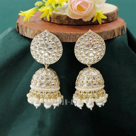 Brass Golden Fusion Arts Indo Western Kundan Jhumka Earrings At Rs