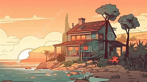 Fundo Ilustra O De Cen Rio Beira Mar De Casa Dos Desenhos Animados