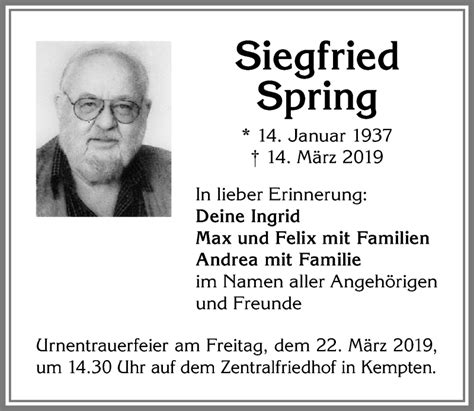 Traueranzeigen Von Siegfried Spring Augsburger Allgemeine Zeitung