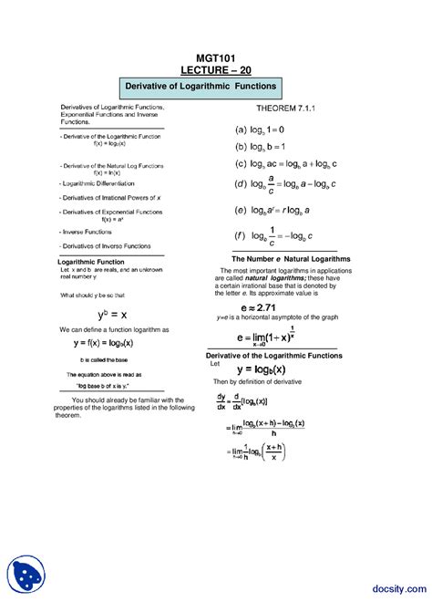 Derivative of Logarithmic Functions-General Mathematics-Lecture Handout - Docsity