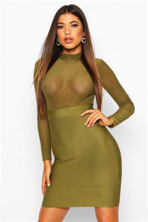 High Neck Mesh Bandage Bodycon Dress Boohoo Bandage Dress Bodycon