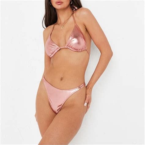 Missguided Metallic Look High Leg Thong Bikini Bottoms Sportsdirect