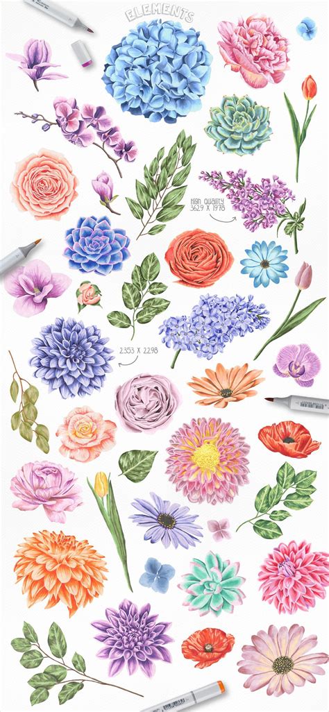 Flower Power Marker Collection | Flower drawing, Wreath drawing, Flower illustration