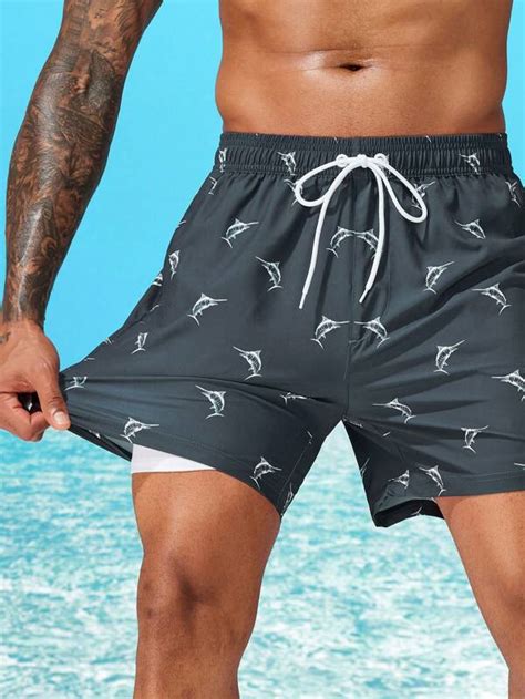 Manfinity Men Allover Print Drawstring Waist Swim Trunks And Compression