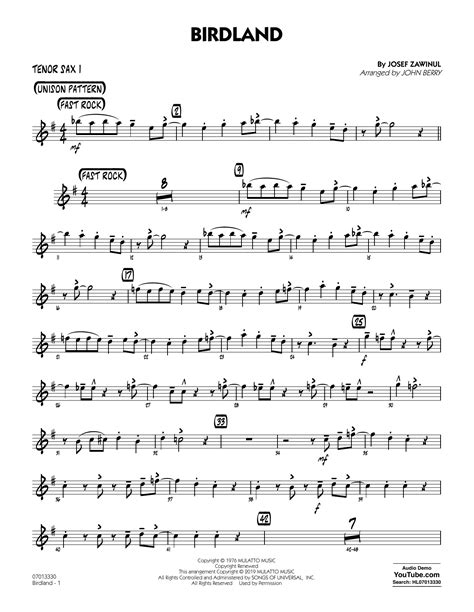 Birdland Arr John Berry Tenor Sax 1 By Josef Zawinul Sheet Music