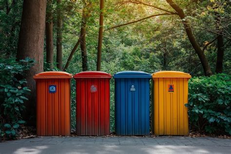 Premium Photo Four Color Trash Cans Garbage Bin In The Park Beside