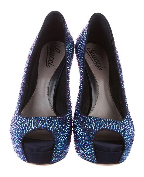 New 2 295 Gucci Sofia Etoile Blue Crystal Encrusted Peep Toe High