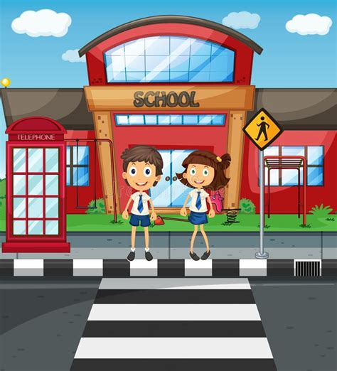 Two Students Crossing Road In Front Of School Stock Vector