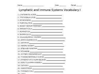 Lymphatic And Immune Systems I Word Scramble For A Medical Terminology