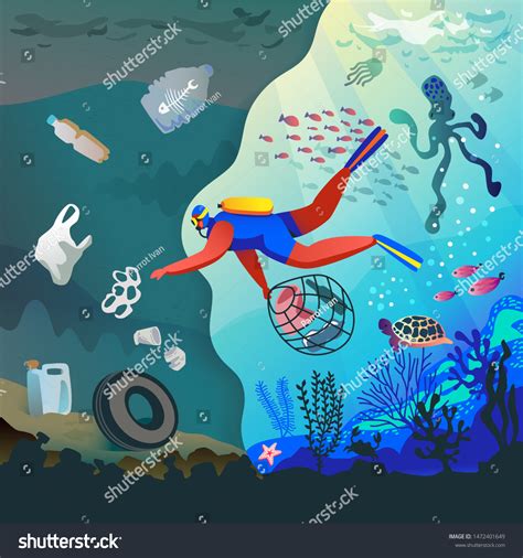 Scuba Diver Cleaning Plastic Trash Ocean