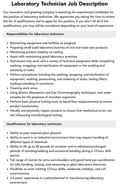 Laboratory Job Description Templates