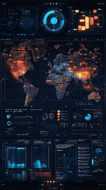 Futuristic Digital Interface With Glowing World Map And Various Charts