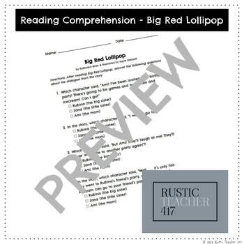 Big Red Lollipop Reading Comprehension Activity By Rustic Teacher