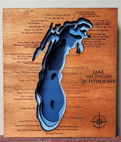 Lake Michigan Depth Map With Lighthouses - Etsy