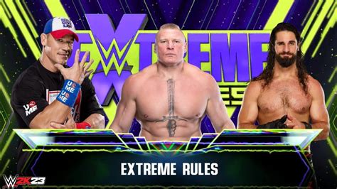 Full Match Brock Lesnar Vs John Cena Vs Seth Rollins Extreme Rules Match Wwe 2k23 Youtube