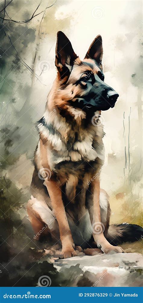 German Shepherd Dog Portrait Digital Watercolor Painting On A Canvas