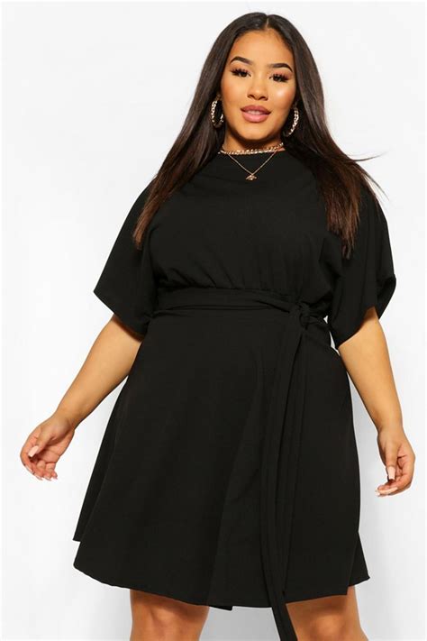 Plus Slash Neck Tie Waist Skater Dress Boohoo