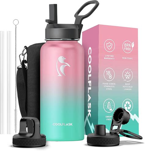 Amazon Coolflask Oz Insulated Water Bottle With Straw Lids