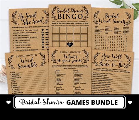 Printable Rustic Bridal Shower Games Package Printable Kraft Bridal Shower Games Bundle, Shabby ...