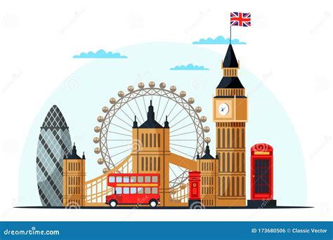 London Cityscape Flat Vector Color Illustration Editorial Photo